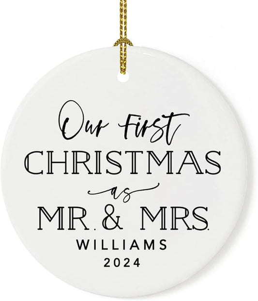 Andaz Press Personalized Our First Christmas As Mr. & Mrs. 2024 Christmas Ornaments Modern Black and White 2.8" Round Porcelain Ceramic 1st Year Married Custom Ornament Keepsake for Newlyweds 1-Pack