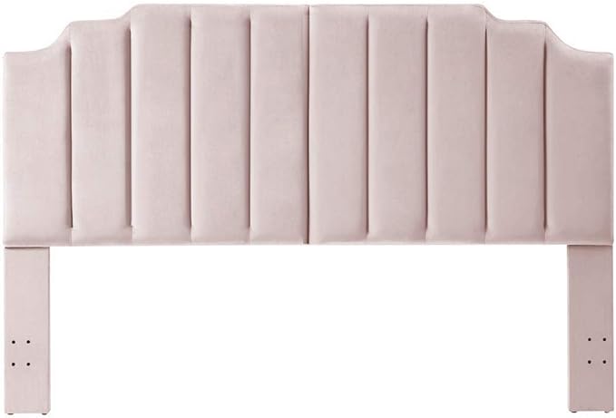 24KF Pink Velvet Tufted King Upholstered Headboard, Modern Vertical Channel Design California King Headboard with Stepped Silhouette Top Edge, Pink