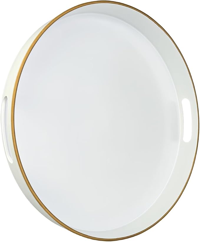 13" Round Decorative Tray, White Serving Tray with Handles, Plastic Coffee Table Tray for Ottoman, Living Room, Bathroom, Décor.
