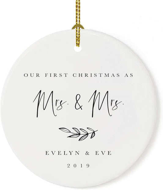 Andaz Press Personalized Lesbian Couple Wedding Round Ceramic Porcelain Christmas Engagement Keepsake Collectible Gift, Our First Christmas as Mrs. & Mrs, Helen & Eve 2025, Antique Handdrawn, 1-Pack