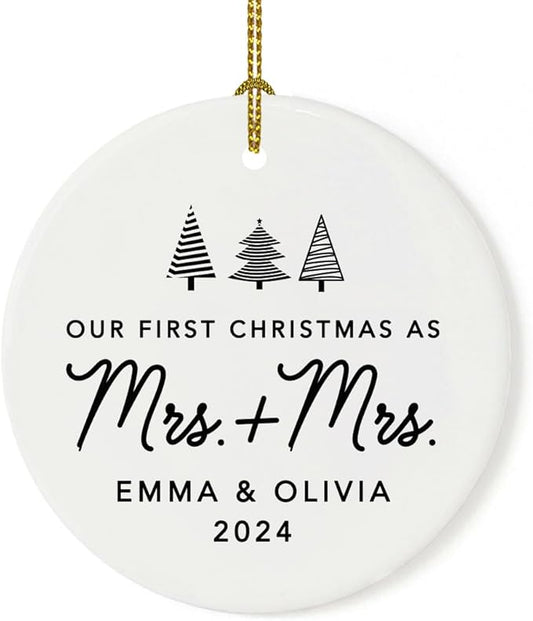 Andaz Press Personalized Our First Christmas As Mrs. & Mrs. 2025 Christmas Ornaments Christmas Trees Design 2.8" Round Porcelain Ceramic Lesbian Married Couple Gay Women Newlyweds Keepsake 1-Pack