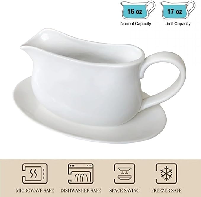 17oz Gravy Boat with Saucer Stand, Set of 1, Ceramic Sauce Boat with Tray for Salad Dressings,ketchup， Creamer, Broth, Black Pepper, White