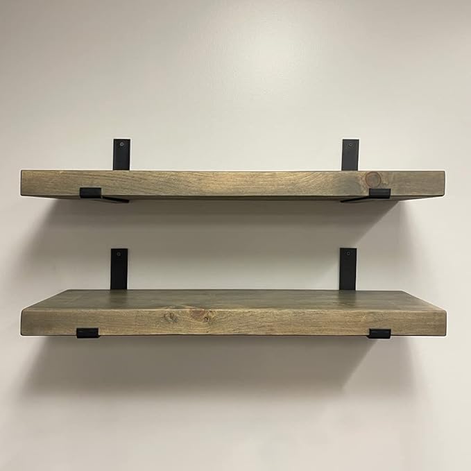 Rustic Shelves with J-Brackets Set of 2, Industrial Shelf, Kitchen Shelves, Solid Wood, Decorative Wall Storage, Heavy Duty, URBANDI (Grey, 24Wx10D)