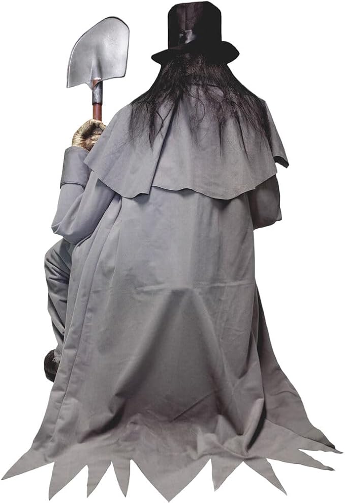 Haunted Hill Farm Motion-Activated Crouching Grave Digger by Tekky, Talking Halloween Animatronic for Indoor or Covered Outdoor Creepy Halloween Decorations, Plug-in or Battery Operated Fright Props