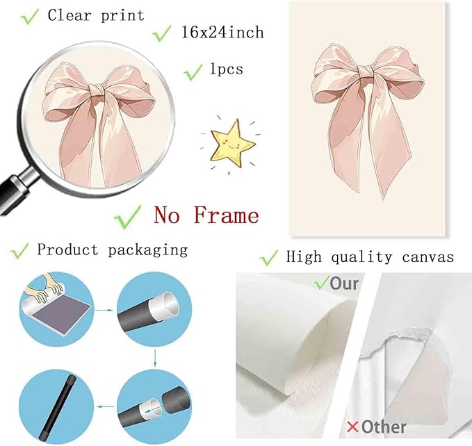 Vlolvfe Pink Bow Pictures Watercolor Bow Picture Bows Poster Light Pink Bows Poster Preppy Coquette Posters Trendy Aesthetic Wall Art Girly Room Decor 16x24inch No Frame