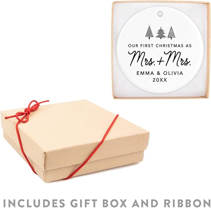 Andaz Press Personalized Our First Christmas As Mrs. & Mrs. 2025 Christmas Ornaments Christmas Trees Design 2.8" Round Porcelain Ceramic Lesbian Married Couple Gay Women Newlyweds Keepsake 1-Pack