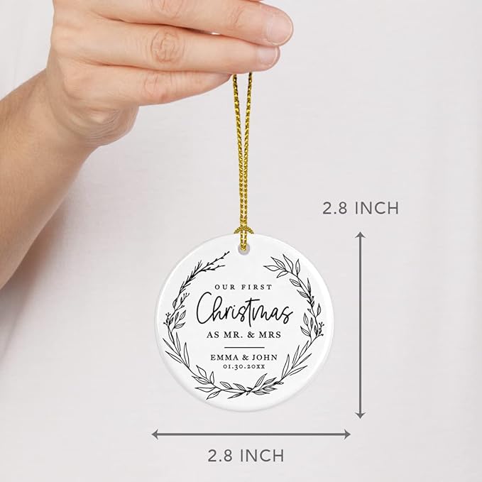 Andaz Press Personalized Our First Christmas As Mr. & Mrs. 2024 Christmas Ornaments Modern Farmhouse Wreath 2.8" Round Porcelain Ceramic 1st Year Married Custom Ornament Keepsake for Newlyweds 1-Pack