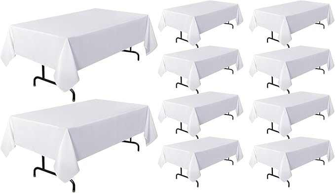 sancua 10 Pack White Tablecloth 60 x 120 Inch, Rectangle Table Cloth for 8 Feet Tables - Stain and Wrinkle Resistant Washable Polyester Table Cover for Dining Tables, Buffet Parties and Camping