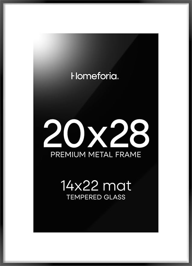 Homeforia 20 x 28 Picture Frame Black, High End Metal 20x28 Poster Frames with Mat 14x22 for Photo, 20 x 28 Black Frame Matted to 14 x 22 Print, 28x20 Hanging Frame, Tempered Glass, Wall Kit, Set of 1