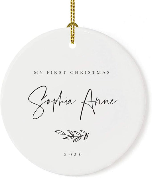Andaz Press Personalized Baby 1st Christmas Round Ceramic Porcelain Christmas Tree Ornament Engagement Keepsake Collectible Gift, My First Christmas, Sophia Anne 2025, Antique Handdrawn, 1-Pack