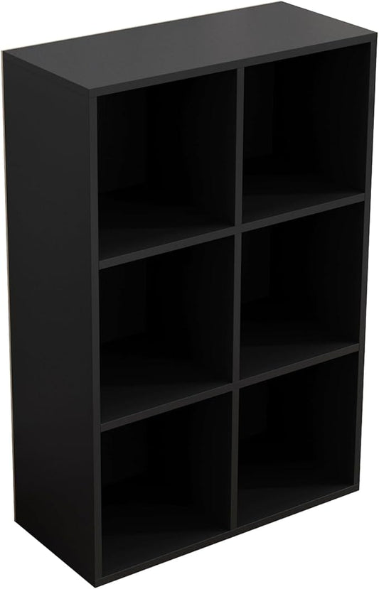 6-Cube Storage Shelf Bookcase - Wooden 3-Tier Floor Standing Open Bookshelf for Home and Office, Display Cabinet, Black