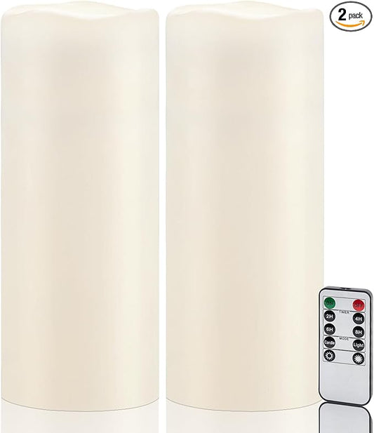 Amagic 2 Pack 10" x 4" Outdoor Plastic Electric flameless Candles with Remote Control and Timer, Battery Operated Flickering LED Pillar Fake Candle for Home, Wedding Decor, Ivory