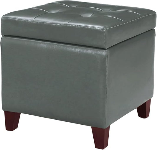 Adeco Bonded Leather Square Tufted Cubic Cube Footstool, 18" Height Storage Ottomans, with Lid, Cement Grey