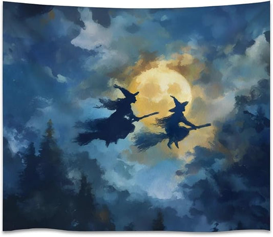 Spooky Halloween Witch Tapestry Wall Hanging Dark Fantasy Night Sky Aesthetic Print Flying Witches Under Full Moon Tapestries Horror Ghost Halloween Party Decor for Living Room Bedroom 70x90inch