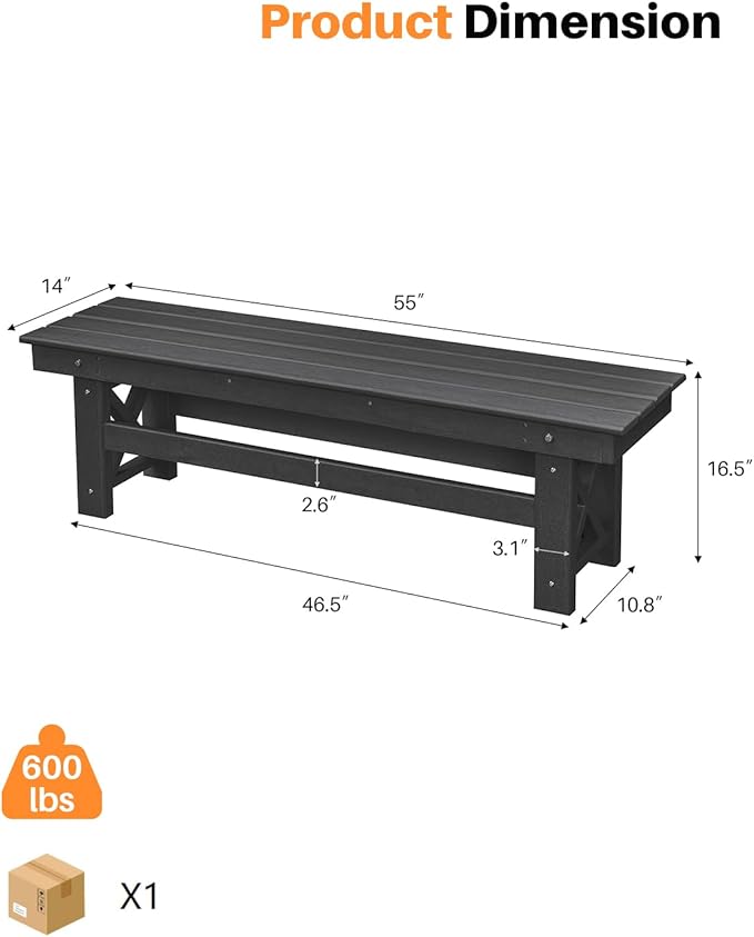 HDPE Outdoor Bench, 55" Patio Bench Outdoor Furniture, Poly Lumber Adirondack Benches, Fade-Resistant HDPE Garden Backless Benches for Park, Poolside, Garden, Porch, Obsidian