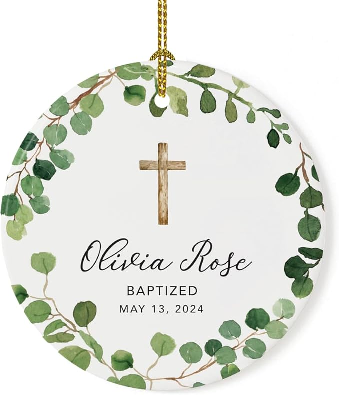 Andaz Press Personalized Baptism Ornament 2025, Round Ceramic Porcelain Baptism Christmas Ornament, Olivia Rose Carter Baptized May 1, 2025, Farmhouse Eucalyptus Wreath, 1-Pack Custom