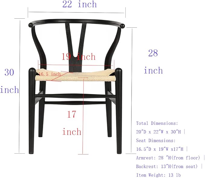 Tomile Solid Wood Wishbone Chair Y Chair Mid-Century Armrest Dining Chair, Hemp Seat (Ash-Black Frame + Natural Cord)