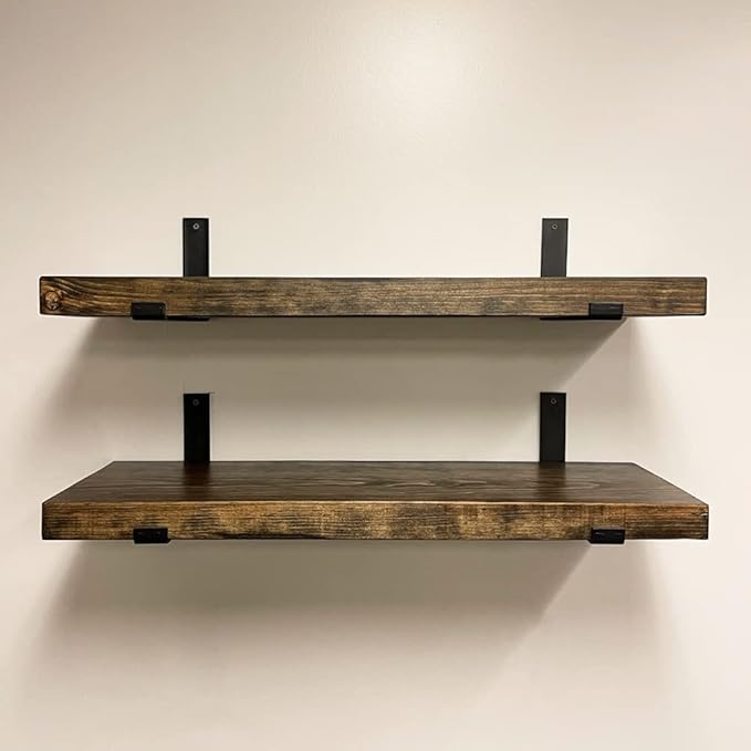 Rustic Shelves with J-Brackets Set of 2, Industrial Shelf, Kitchen Shelves, Solid Wood, Decorative Wall Storage, Heavy Duty, URBANDI (Dark Brown, 36Wx12D)