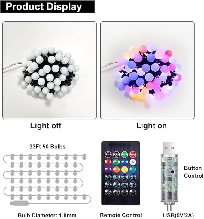 Hoofun Smart String Lights USB Powered, 33ft 50 LED Color Changing Globe Fairy Lights, Bluetooth APP & Remote Control, DIY Color, Music Sync Decorative for Bedroom Christmas Tree Tent Indoor Outdoor