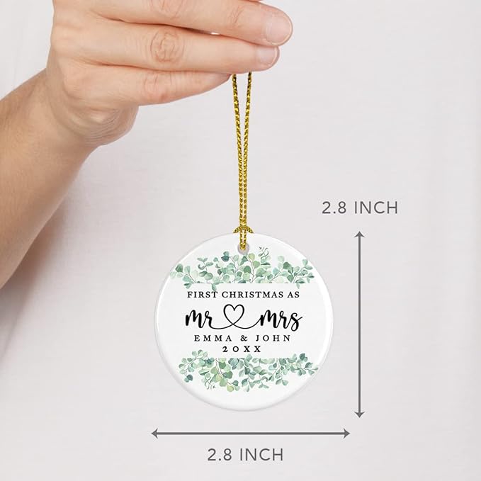 Andaz Press Personalized Our First Christmas As Mr. & Mrs. 2024 Christmas Ornaments Greenery Eucalyptus 2.8" Round Porcelain Ceramic 1st Year Married Custom Ornament Keepsake for Newlyweds 1-Pack