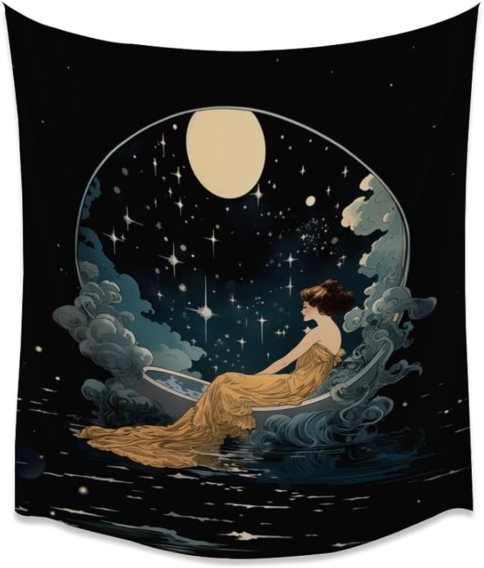 Dark Academia Tapestry Celestial Moonlit Bathing Lady Print Trendy Aesthetic Gothic Wall Hanging Vintage Art Nouveau Tapestries Wall Decor for Bedroom Living Room Dorm 60x80inch