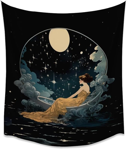Dark Academia Tapestry Celestial Moonlit Bathing Lady Print Trendy Aesthetic Gothic Wall Hanging Vintage Art Nouveau Tapestries Wall Decor for Bedroom Living Room Dorm 50x60inch