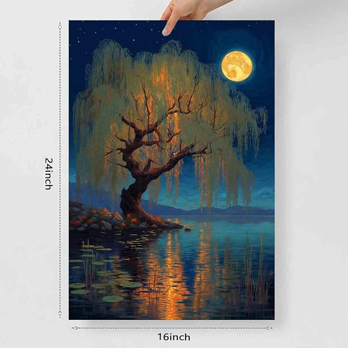 Vlolvfe Night Scenery Wall Art Country Nature Full Moon Poster Abstract Scenery Wall Art Nature Themed Tree Pictures Night Sky Picture Landscape Pictures Living Room Decor 16x24inch No Frame