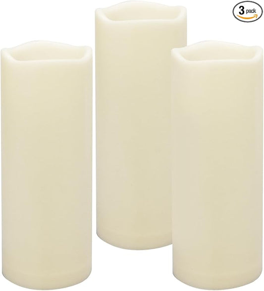 Waterproof Outdoor Battery Operated Flameless Candles with Auto Timer Flickering Plastic Resin Electric LED Pillar Lights for Lantern Patio Garden Wedding Party Decorations 3x8 Inches 3 Pack Ivory