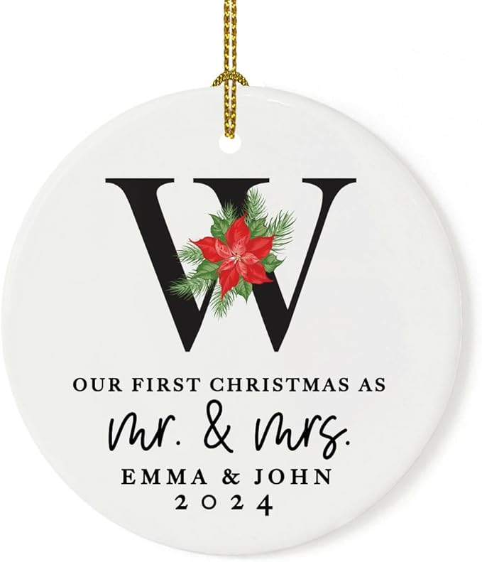 Andaz Press Personalized Our First Christmas As Mr. & Mrs. 2025 Christmas Ornaments Monogram Poinsettia 2.8" Round Porcelain Ceramic 1st Year Married Custom Ornament Keepsake for Newlyweds 1-Pack