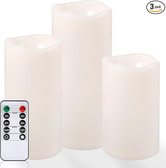 NURADA Large Outdoor Flameless Candles 6" 8" 10" x 5" - Waterproof LED Pillar Flickering Candle Battery Operated with Timer Remote for Patio Porch Lanterns - Ivory White Set of 3