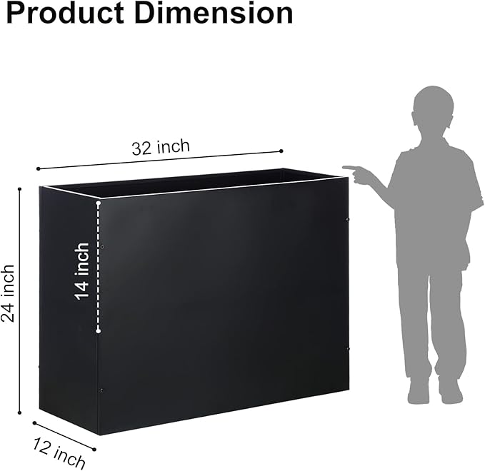 SUNNYPARK Large Metal Planter Box 32”x 12”x 24”, Rectangular Modern Black Metal Planter Box Heavy Duty with Drainage Holes for Outdoor Garden Patio