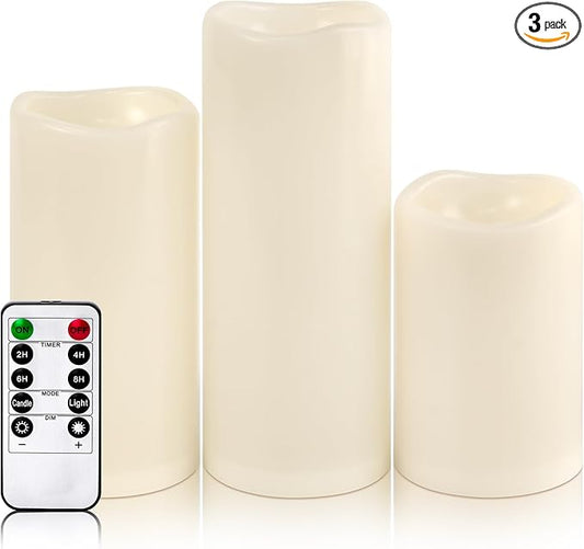 Waterproof Large Outdoor Flameless Candles 6" 8" 10" x 4" for Patio Porch Lanterns, Battery Operated LED Flickering Pillar Candles with Remote, Ivory White Long Lasting Set of 3