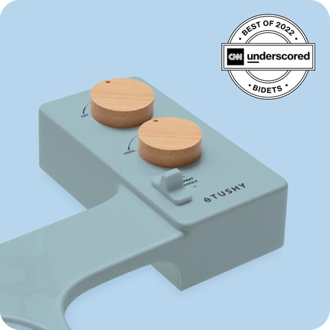 TUSHY Spa Warm Water Bidet Attachment for Toilet. Universal Fit, Easy Install (Requires Sink Access for Optional Temperature Control) Self Cleaning, Adjustable Pressure, Angle Control, Blue/Bamboo