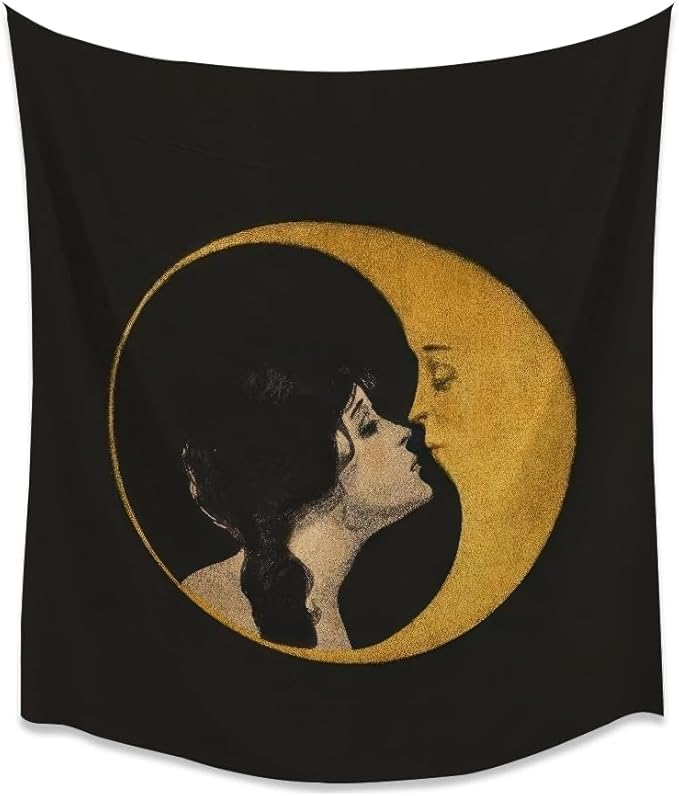 Dark Academia Woman Kissing Moon Art Tapestry Gothic Aesthetic Wall Hanging Witchy Picture Print Moon Goddess Tapestries Wall Decor for Living Room Bedroom Dorm 60x80inch