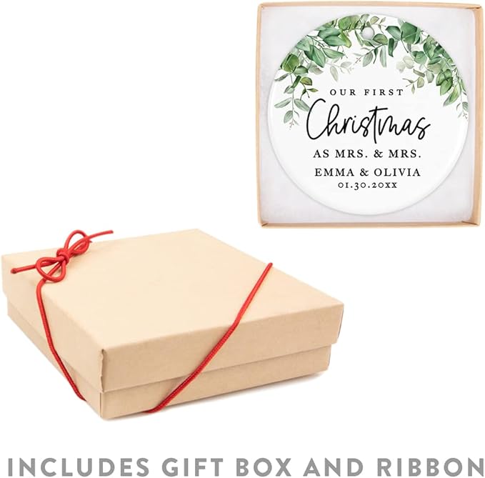 Andaz Press Personalized Our First Christmas As Mrs. & Mrs. 2025 Christmas Ornaments Greenery 2.8" Round Porcelain Ceramic Lesbian Married Couple Gay Women Newlyweds Hers Wedding Keepsake 1-Pack