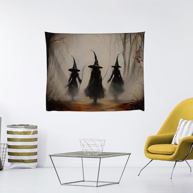 Witchy Halloween Tapestry Wall Hanging Vintage Spooky Witch Room Print Dark Academia Autumn Forest Three Witches Tapestries Decor for Halloween Living Room Bedroom Decoration 70x90inch