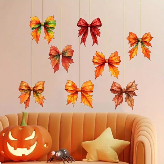8 Pcs Fall Tree Ornaments Decoration Autumn Leaf Hanging Ornaments 2D Flat Acrylic Pendants Bow Shape Maple Leaf Designs Hanging Ornaments for Home Autumn Festival DIY Craft Supplies Decor