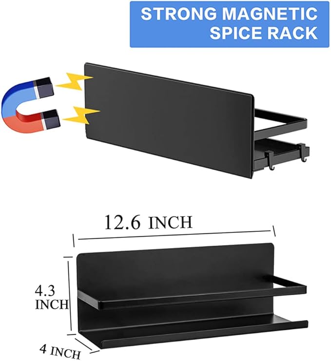 Magnetic Spice Rack for Refrigerator,Magnetic Shelf Fridge Organizer for Kitchen, Space Saver Container for Kitchen/Apartment, Drill Free, Black 2 Pack