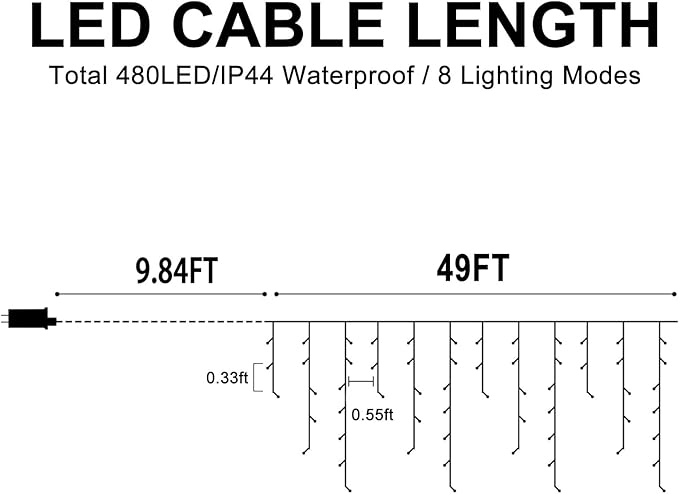 Heceltt Christmas Lights Outdoor, 49FT 480 LED Ice Lights for Outside, 90 Drops Ice String Lights with 8 Modes, Waterproof Timer Memory Hanging Light for Eaves Party Yard Garden(Warm White)