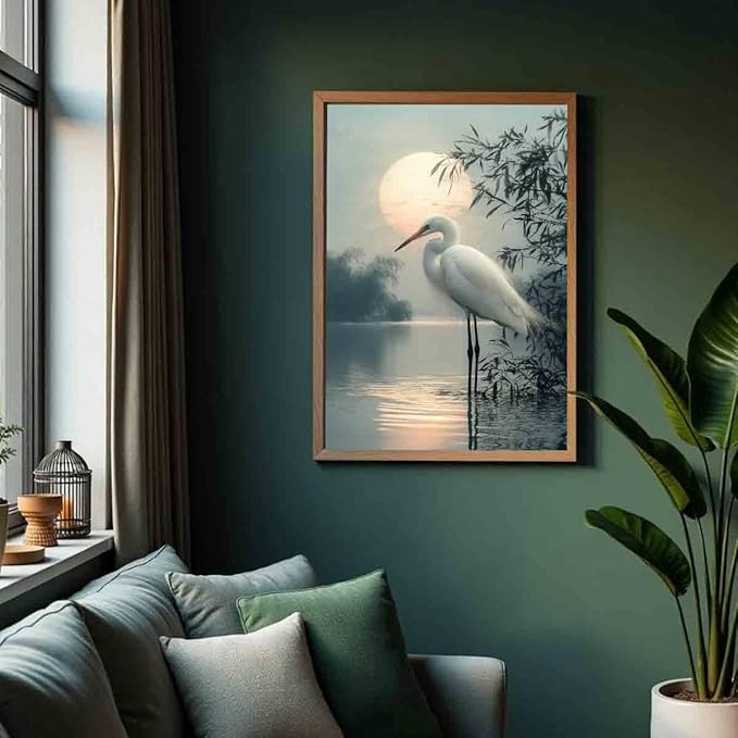 White Heron Wall Art Watercolor Heron Print Vintage Crane Bird Pictures Japanese Crane Painting Watercolor Bird Artwork Sunset Abstract Wall Art Coastal Living Room Decor 16x24inch No Frame