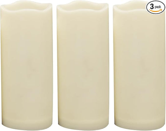 Waterproof Outdoor Battery Operated Flameless Candles with Auto Timer Flickering Plastic Resin Electric LED Pillar Lights for Lantern Patio Garden Wedding Party Decorations 3x7 Inches 3 Pack Ivory