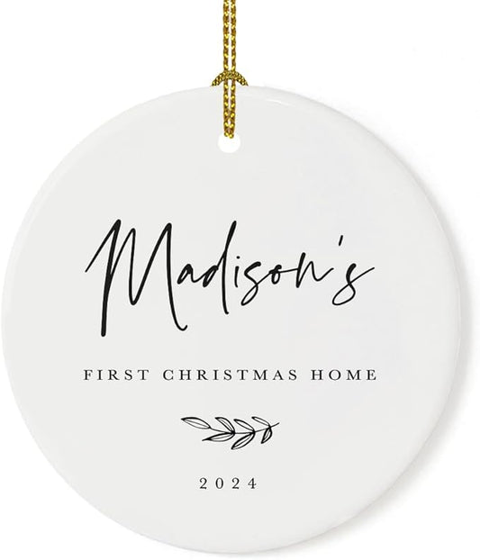 Andaz Press Personalized Adoption Round Ceramic Porcelain Christmas Tree Ornament Keepsake Collectible Gift, Madison's First Christmas Home 2024, Antique Handdrawn, 1-Pack