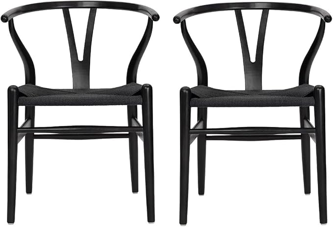 Tomile Set of 2 Bone Chair Solid Wood Y Chair Mid-Century Armrest Dining Chair, Hemp Seat (Wood - Black)