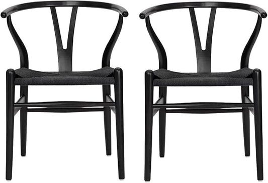 Tomile Set of 2 Bone Chair Solid Wood Y Chair Mid-Century Armrest Dining Chair, Hemp Seat (Wood - Black)