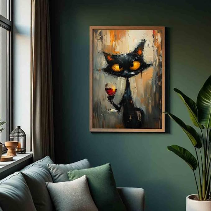 Funny Black Cat Wall Art Cute Black Cat Pictures Animal Abstract Painting Red Wine Wall Art Abstract Cat Cute Pictures Vintage Animal Pictures Funny Painting Living Room Decor 16x24inch No Frame