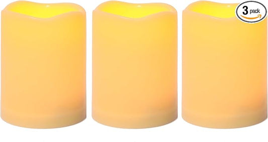 CANDLE CHOICE Waterproof Outdoor Battery Operated Flameless Candles with Timer Realistic Flickering Plastic Fake Electric LED Pillars for Lantern Garden Wedding Christmas Decorations 3”x4” 3 Pack