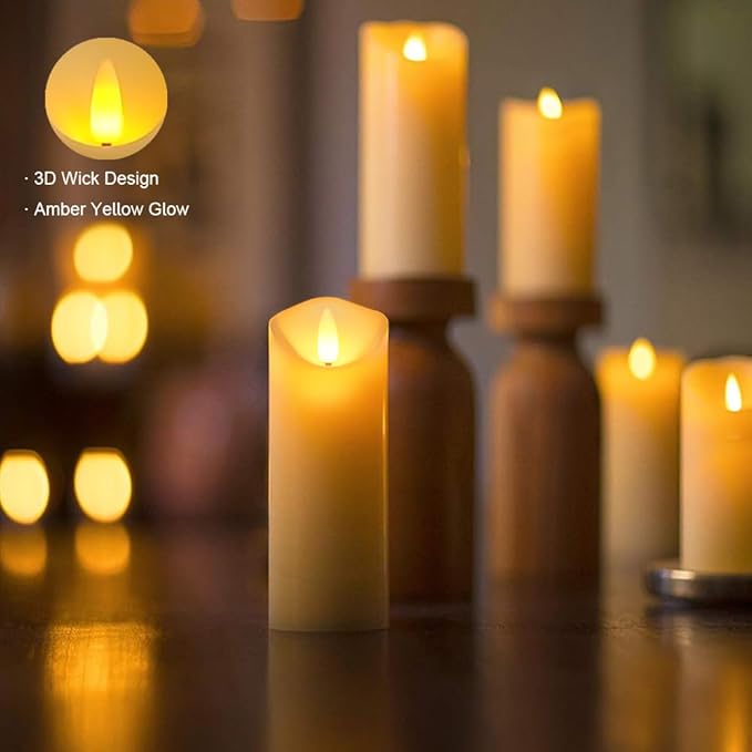 5plots 7"x 2.2" Flickering Flameless Candles, Battery Operated LED Pillar Candles with Timers and Remote Control, Made of Wax-Like Frosted Plastic, Won’t Melt, Ivory, Skinny, Set of 6