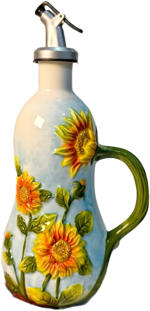 18 Oz Hand Painted Relief Ceramic Olive Oil Bottle Dispenser for Kitchen, Oil and Vinegar Bottle, Seasoning Bottle with Stainless Steel Nozzle, 540mL Oil Container with Handle for Cooking, Light Proof