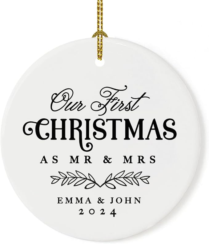 Andaz Press Personalized Our First Christmas As Mr. & Mrs. 2024 Christmas Ornaments Laurel Wreath Leaves 2.8" Round Porcelain Ceramic 1st Year Married Custom Ornament Keepsake for Newlyweds 1-Pack