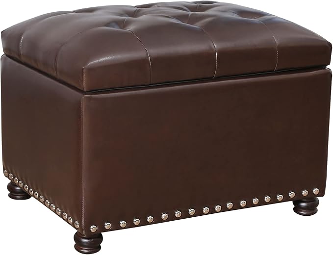 24'' Leather Storage Ottoman Rectangular Foot Rest Stool with Nailhead Trim for Bedroom Living Room(Dark Brown)